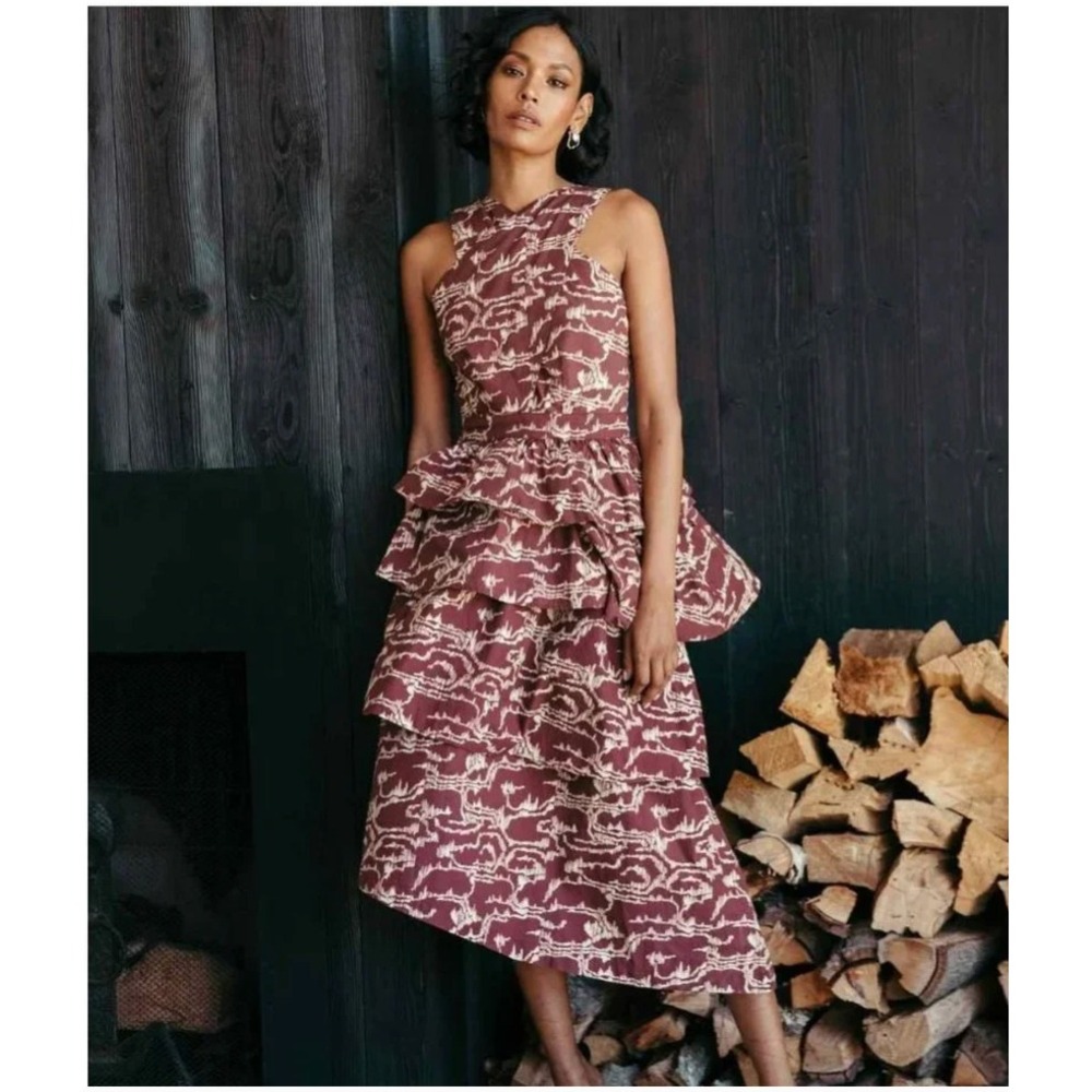 Cleobella Carson Midi Dress in Fringe Ikat Print Sz S Tiered Organic Cotton